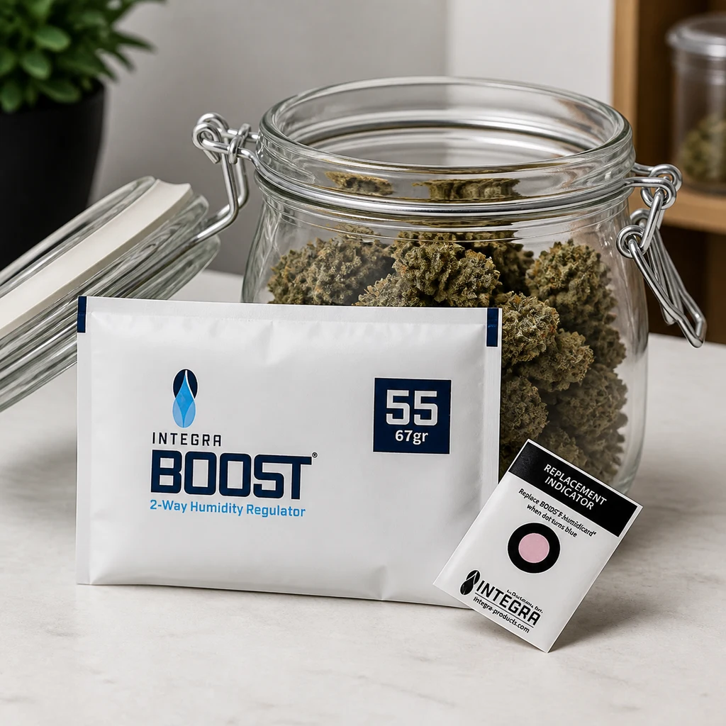 Sobre Integra Boost de 67 g con etiqueta 55, junto a una tarjeta indicadora y un tarro abierto con cogollos.