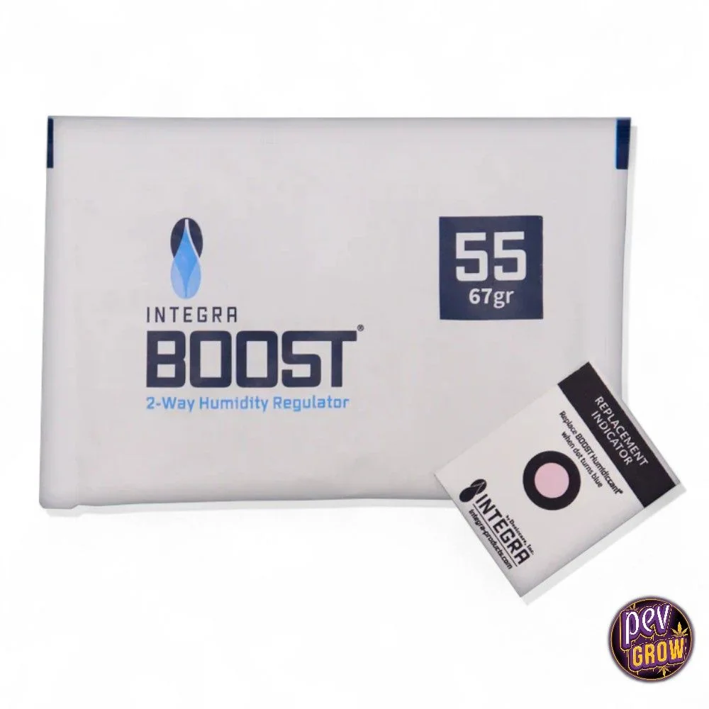Sobre Integra Boost de control de humedad bidireccional, marcado con 55 y 67 gr, junto a una tarjeta indicadora de recambio con círculo rosa.