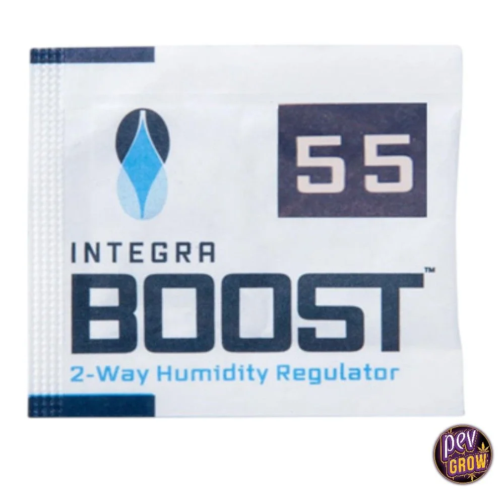 Sobre blanco Integra Boost con logotipo azul, texto de regulación bidireccional de humedad y cifra 55 destacada.