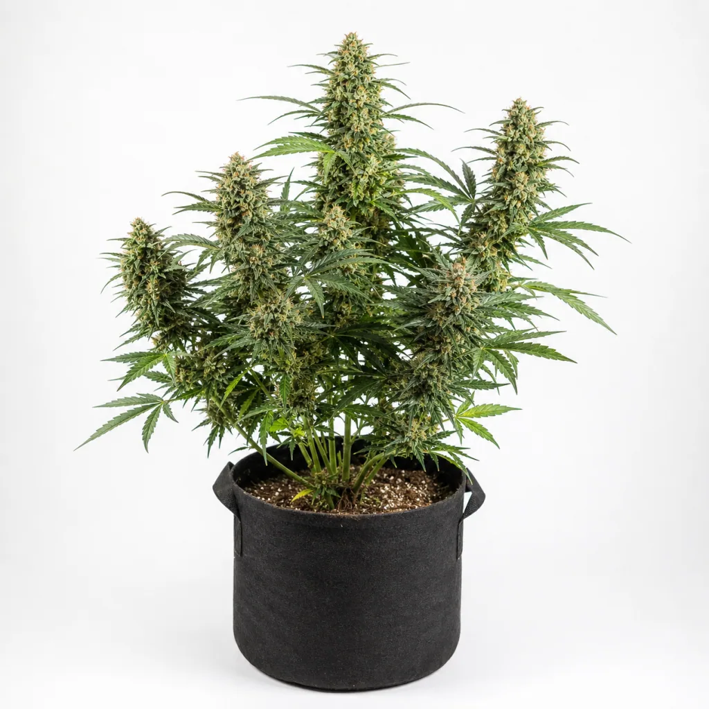 Planta de Island Punch Feminizada en maceta negra con asas, con cogollos alargados y hojas verdes sobre fondo blanco. Planta de Island Punch Feminizada en maceta negra con asas, con cogollos alargados y hojas verdes sobre fondo blanco.
