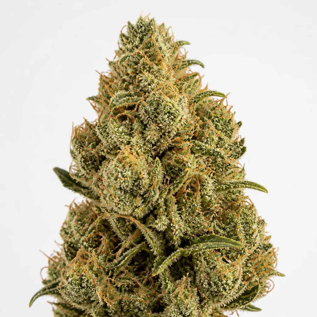 Ilustración de un cogollo verde con pistilos anaranjados y superficie resinosa para la ficha de Jack 47 F1 Fast Version® de Sweet Seeds.