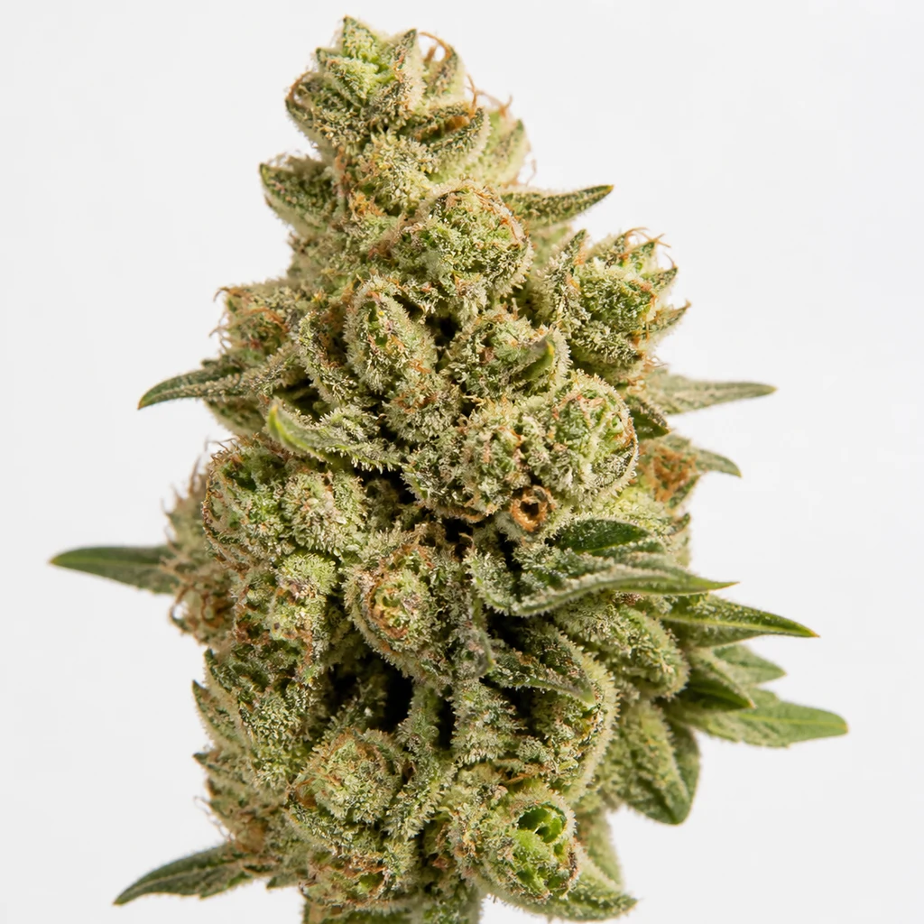 Ilustración de un cogollo verde con pistilos anaranjados y abundantes tricomas para la ficha de Jack Herer Feminizada de Green House Seeds.