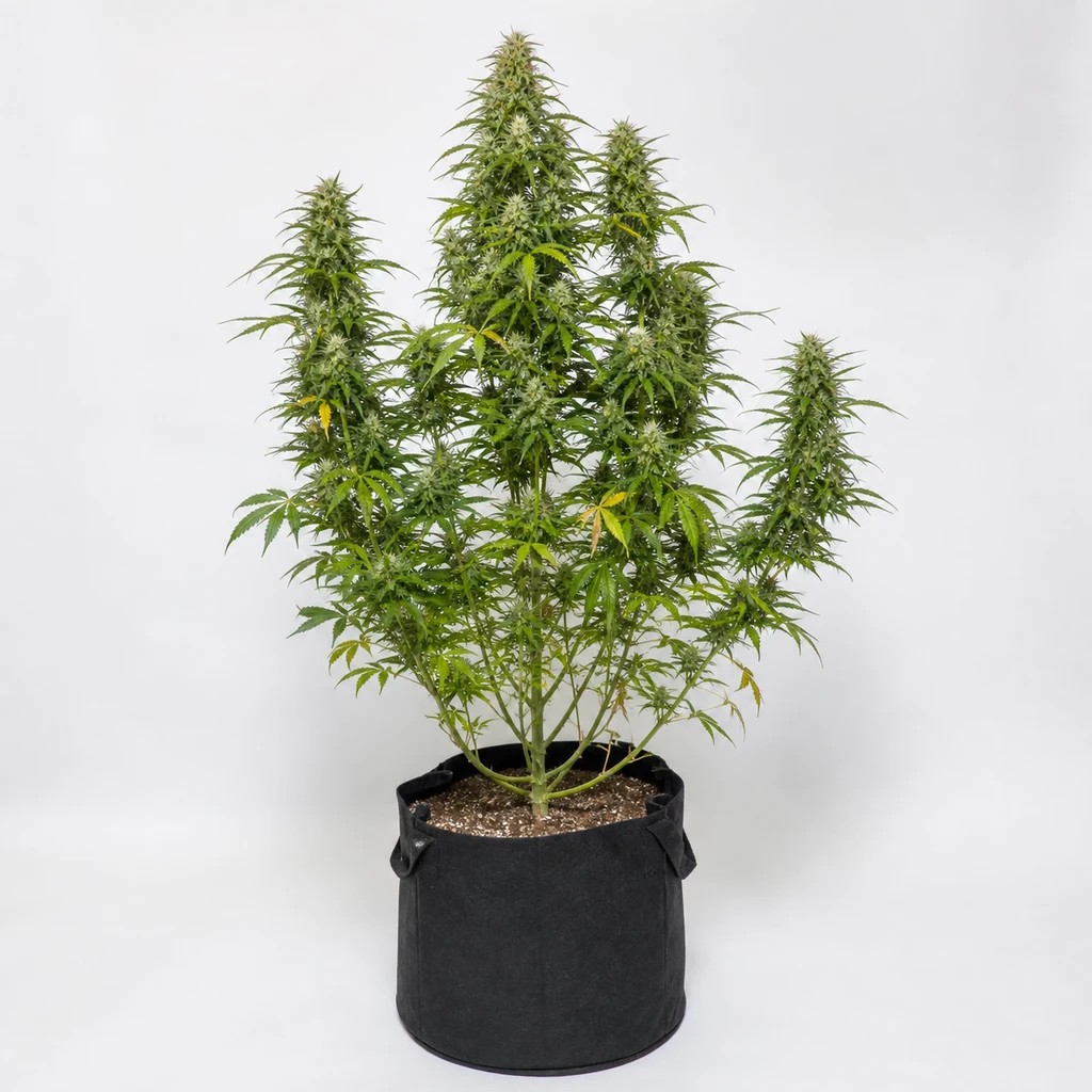 Ilustración de una planta en floración con ramas altas y maceta negra para la ficha de Jamaican Pearl® Regular de Sensi Seeds.