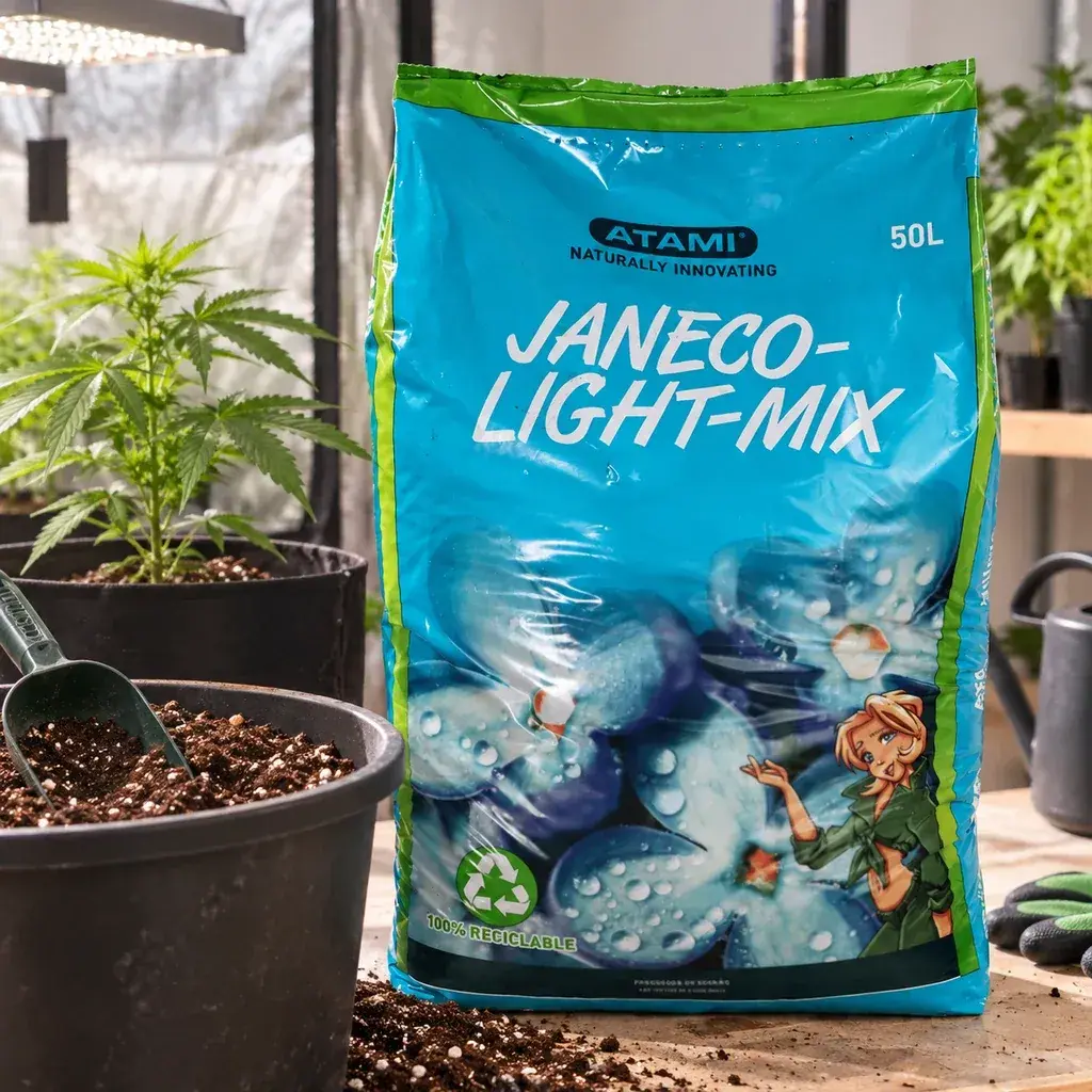 Saco azul y verde de Atami Janeco Light Mix 50 L sobre una mesa con sustrato, junto a macetas, una pala y plantas de hojas dentadas.
