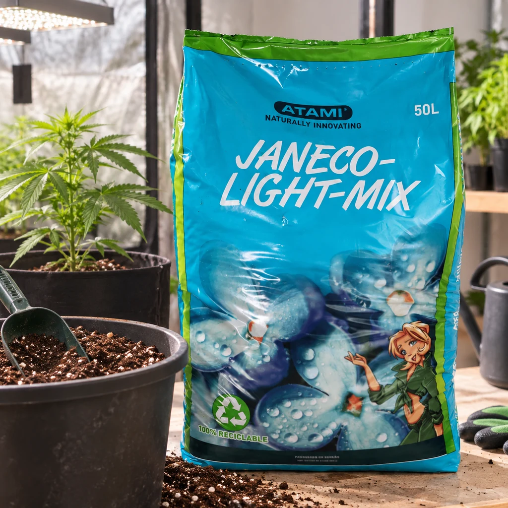 Saco azul y verde de Atami Janeco Light Mix 50 L sobre una mesa con sustrato, junto a macetas, una pala y plantas de hojas dentadas. Saco azul y verde de Atami Janeco Light Mix 50 L sobre una mesa con sustrato, junto a macetas, una pala y plantas de hojas dentadas.