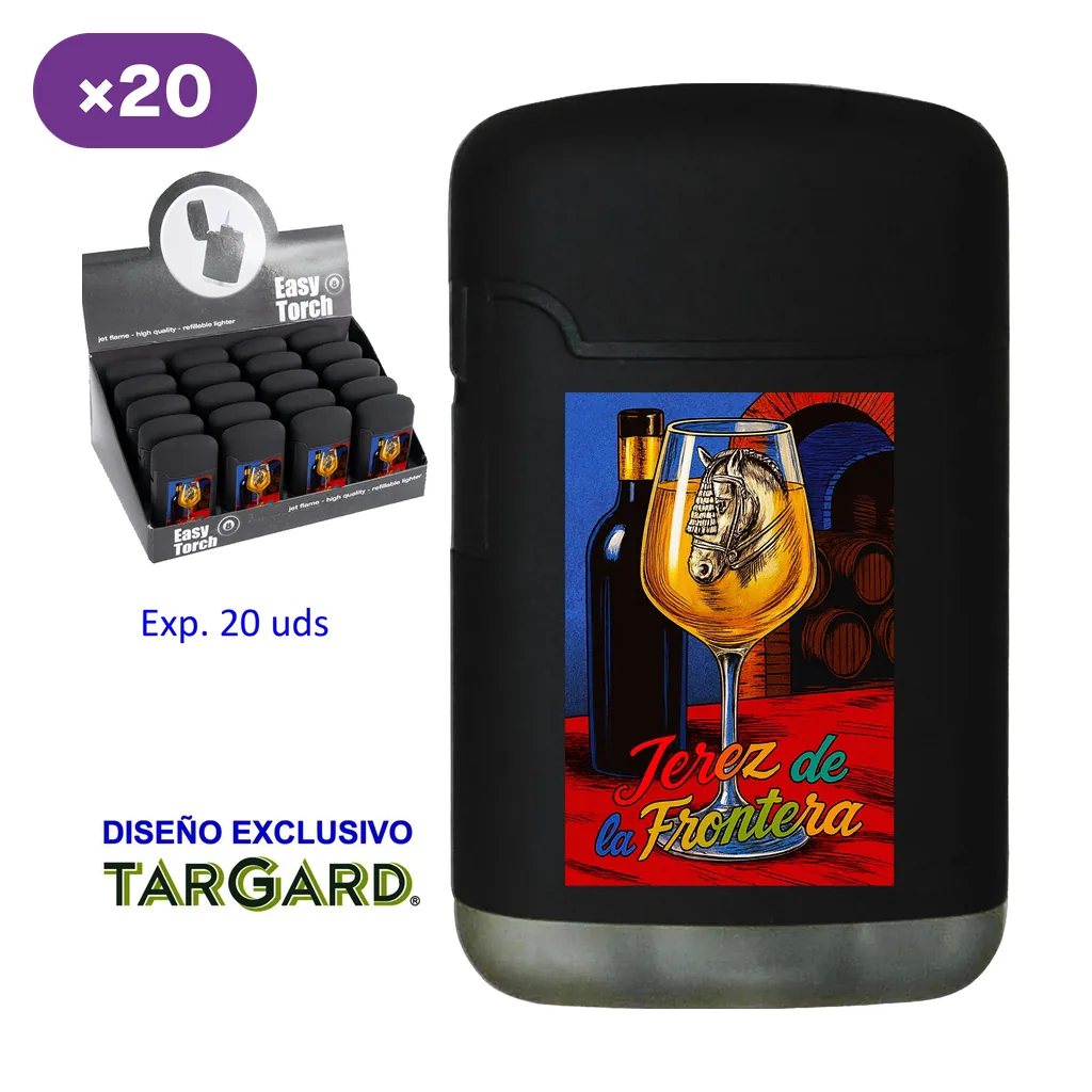 Encendedor negro Jerez de la Frontera con ilustración de copa, botella y caballo, junto a un expositor con varias unidades.