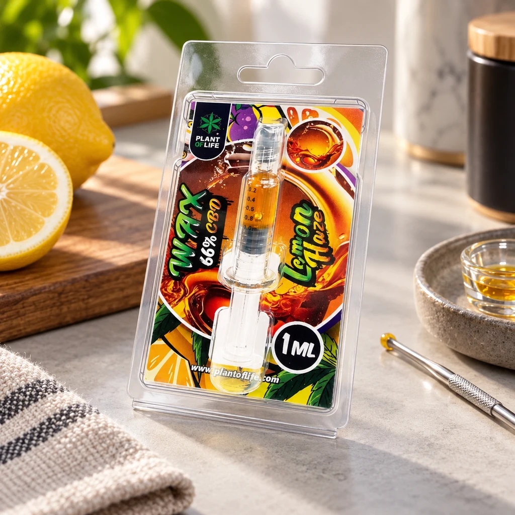 Jeringa Lemon Haze en blíster con etiqueta «66% CBD» y «1 ml», sobre una encimera junto a limones y un utensilio metálico.