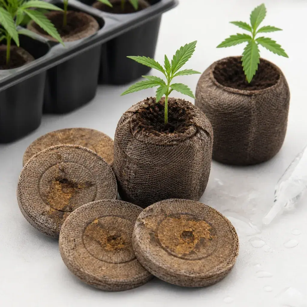 Pastillas de turba Jiffy7 comprimidas junto a otras expandidas con plántulas, una bandeja de cultivo y una pipeta. Pastillas de turba Jiffy7 comprimidas junto a otras expandidas con plántulas, una bandeja de cultivo y una pipeta.