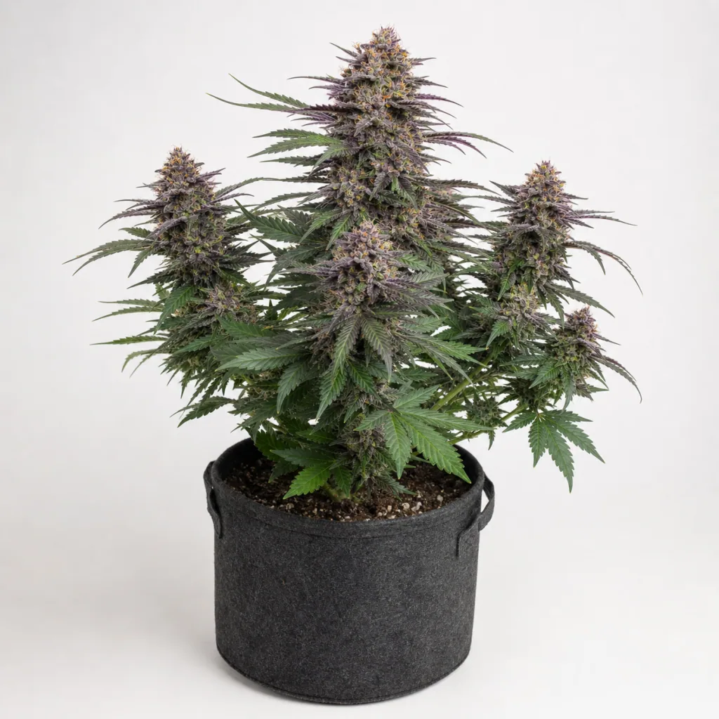 Planta de Jock Horror Auto de Nirvana Seeds en maceta de tela negra, con cogollos de tonos morados y hojas verdes sobre fondo claro.
