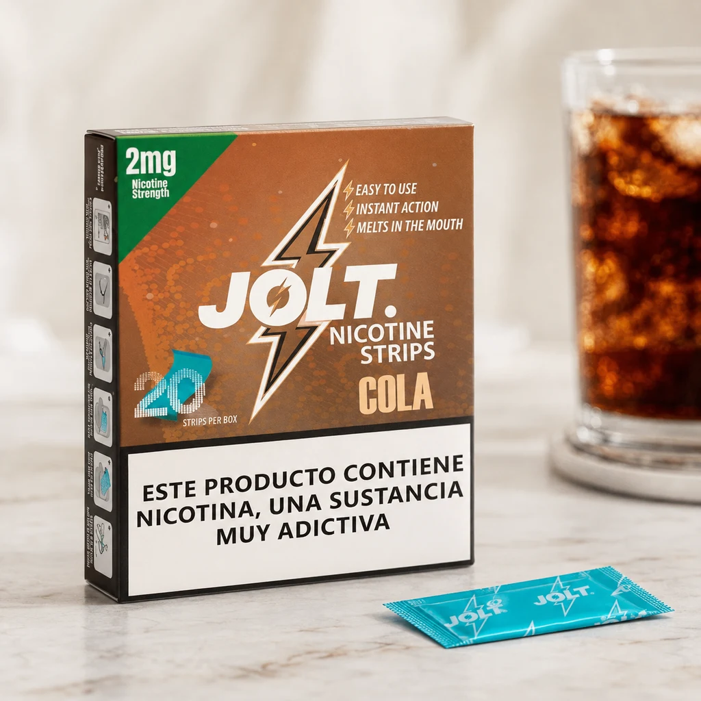 Caja de láminas de nicotina Jolt Cola de 2 mg con advertencia en español, un sobre turquesa delante y un vaso de refresco al fondo.