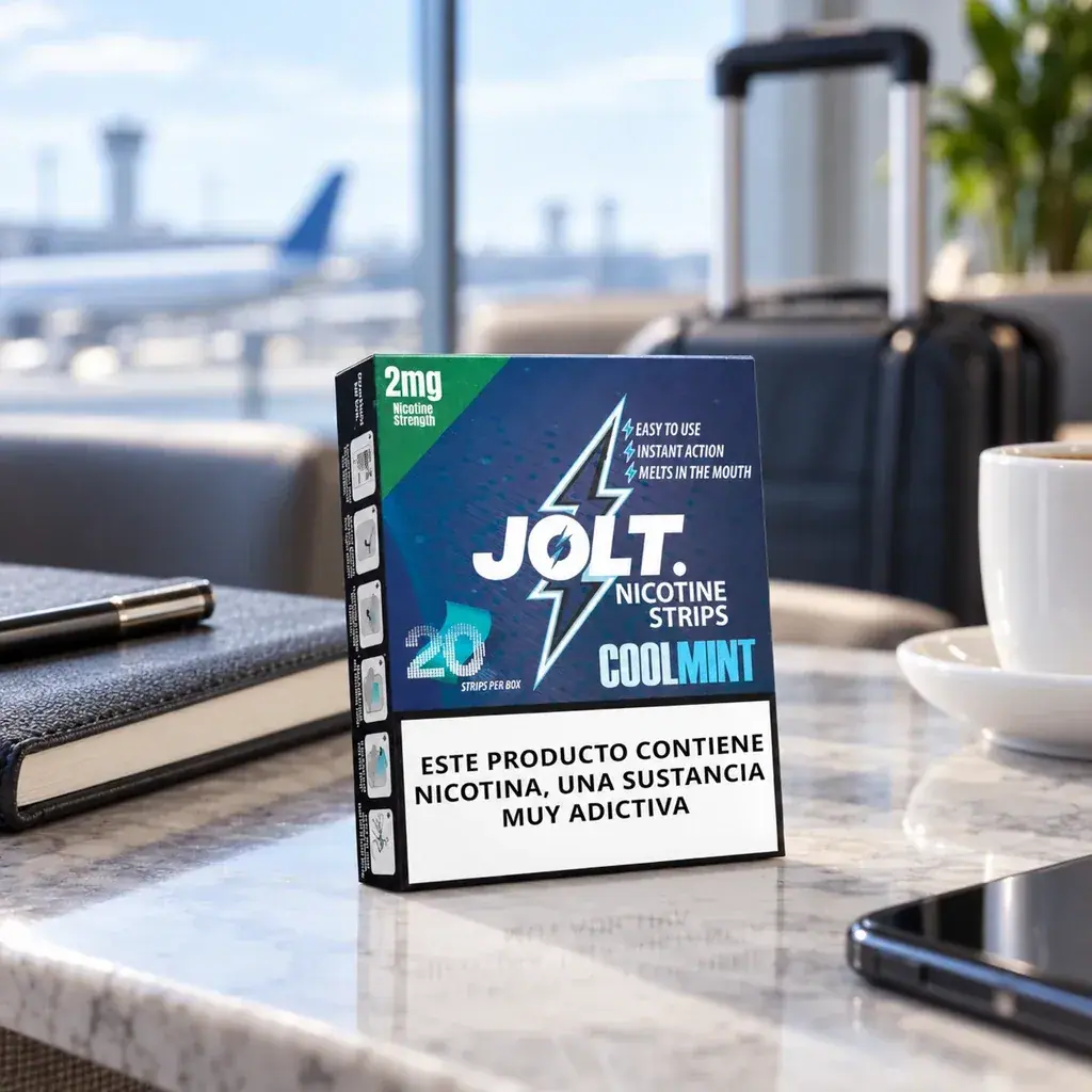 Caja de Jolt Cool Mint de 2 mg con advertencia sobre nicotina, sobre una mesa con taza y cuaderno en una escena de aeropuerto.