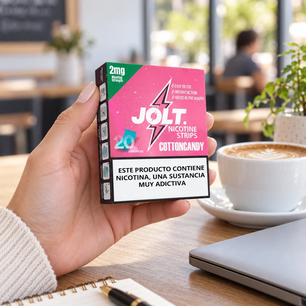 Una mano sostiene una caja rosa de Jolt Strips Cotton Candy de 2 mg con advertencia sobre nicotina, junto a un café y un portátil.
