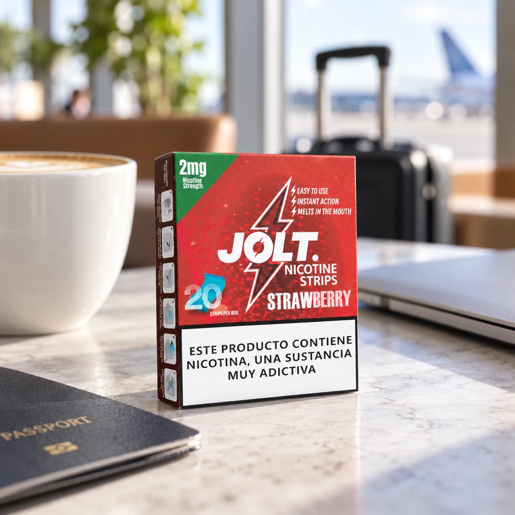 Caja roja Jolt Strips Strawberry de 2 mg con advertencia sobre nicotina, sobre una mesa con café y pasaporte, y una maleta al fondo.