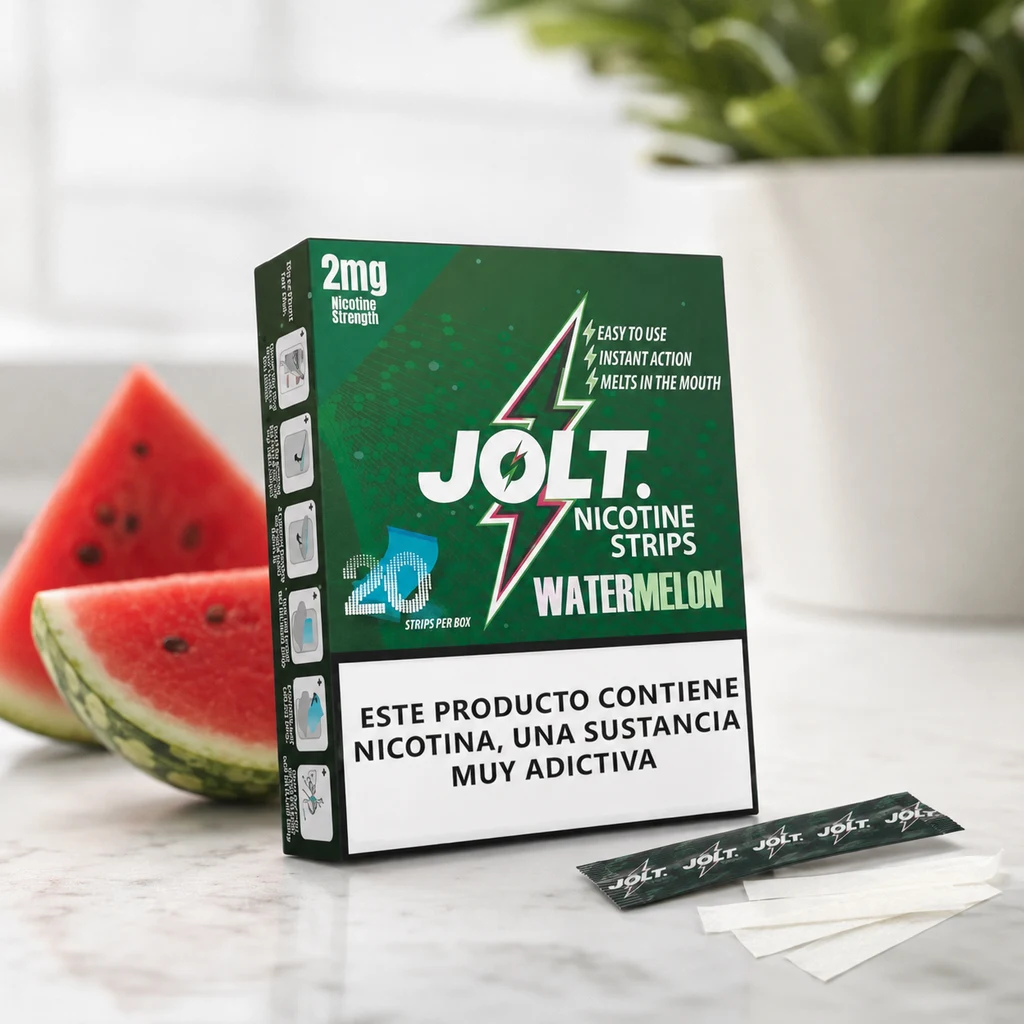 Caja verde Jolt de láminas de nicotina sabor sandía de 2 mg, con advertencia en español, sobres y láminas blancas delante y sandía al lado.