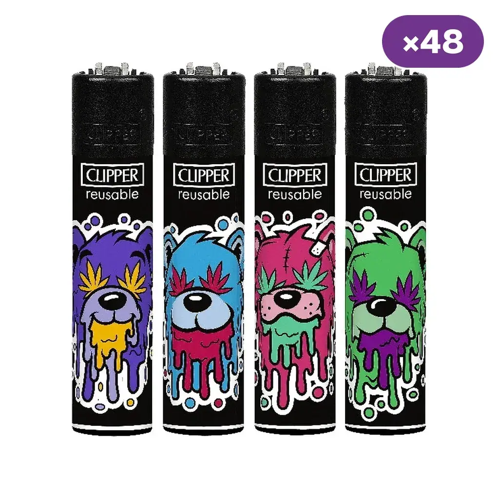 Selección de encendedores Clipper Juicy Bears negros con osos de distintos colores y dibujos de efecto goteo; distintivo de 48 unidades.