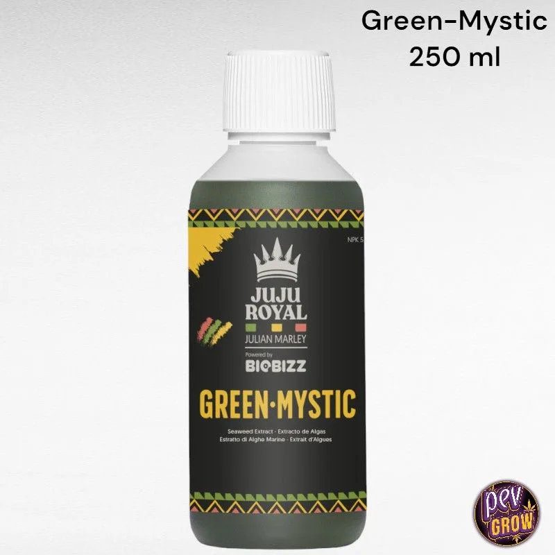 Botella de Juju Royal Green Mystic de Biobizz, con tapón blanco y etiqueta negra con letras amarillas; texto de 250 ml. Botella de Juju Royal Green Mystic de Biobizz, con tapón blanco y etiqueta negra con letras amarillas; texto de 250 ml.