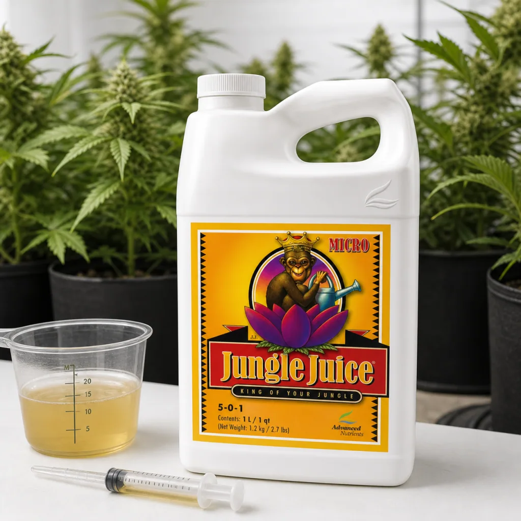 Envase blanco de Jungle Juice Micro con etiqueta amarilla, junto a un vaso con líquido y una jeringa, con plantas al fondo.
