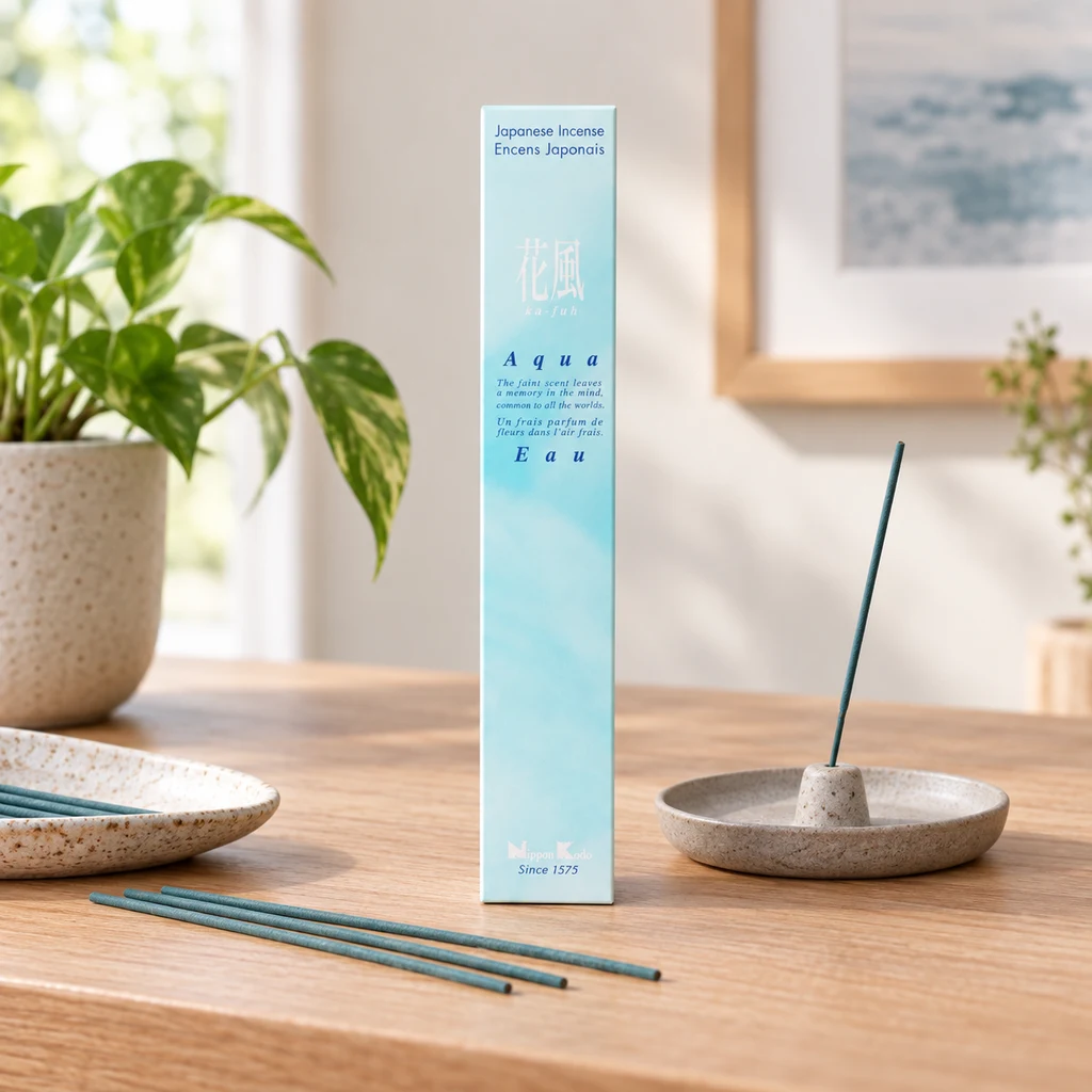 Caja azul claro de incienso Ka-fuh Aqua Nippon Kodo sobre una mesa, con varillas sueltas y una colocada en un soporte redondo. Caja azul claro de incienso Ka-fuh Aqua Nippon Kodo sobre una mesa, con varillas sueltas y una colocada en un soporte redondo.