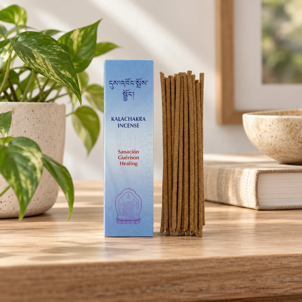 Escena generada de varillas de incienso junto a una caja azul Kalachakra Healing sobre una mesa de madera, con una planta y un cuenco al fondo.
