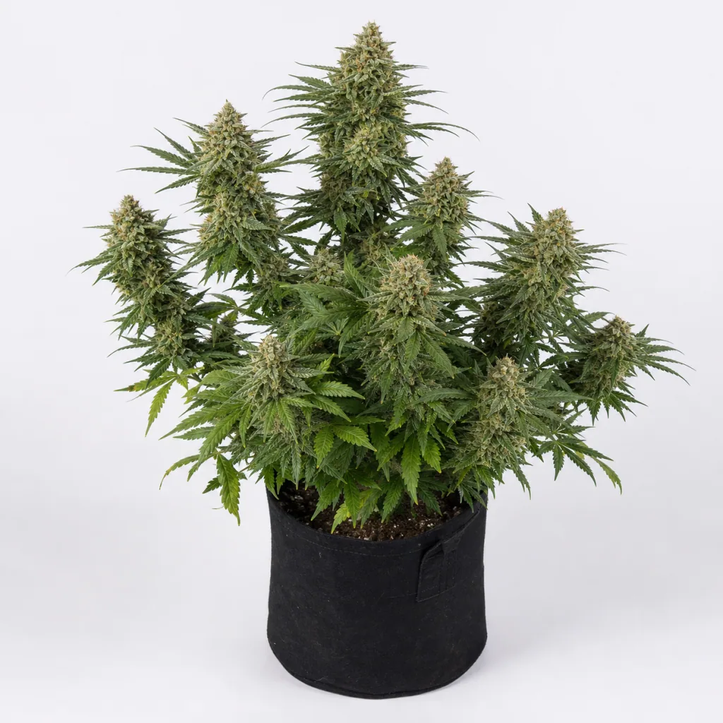 Planta de Kali's Mistery Auto en maceta negra, con varias ramas cargadas de cogollos y hojas verdes, sobre fondo blanco.