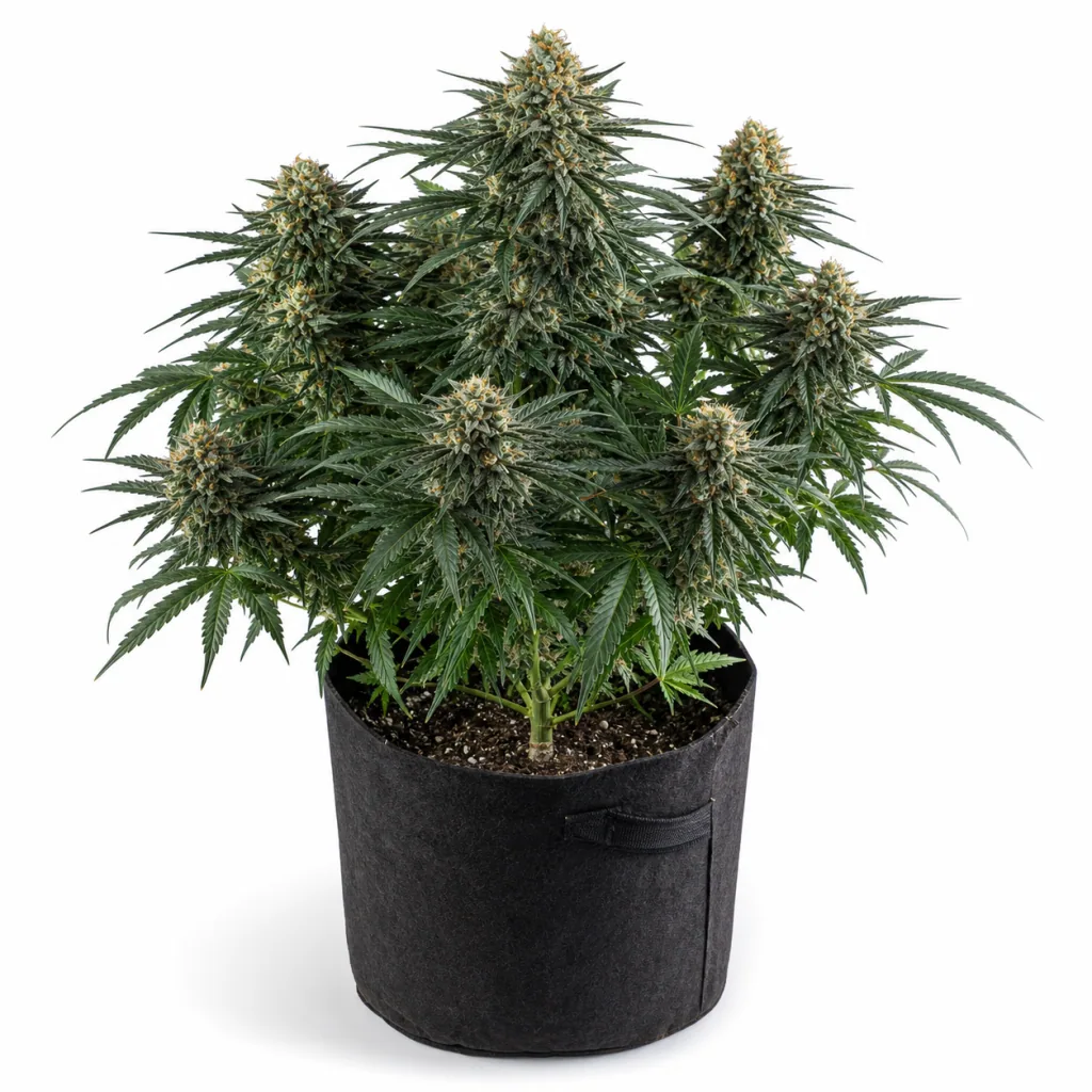 Planta de Kali's Mistery en floración, con varios cogollos y hojas verdes dentadas, en maceta negra de tela sobre fondo blanco.