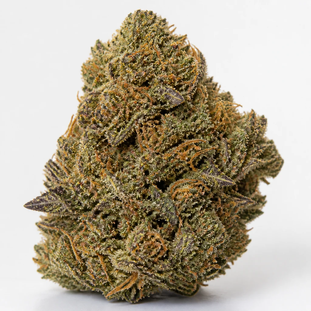 Ilustración de un cogollo con hojas verdes y moradas y filamentos naranjas, para la ficha de Kalibubba Regular de Serious Seeds.