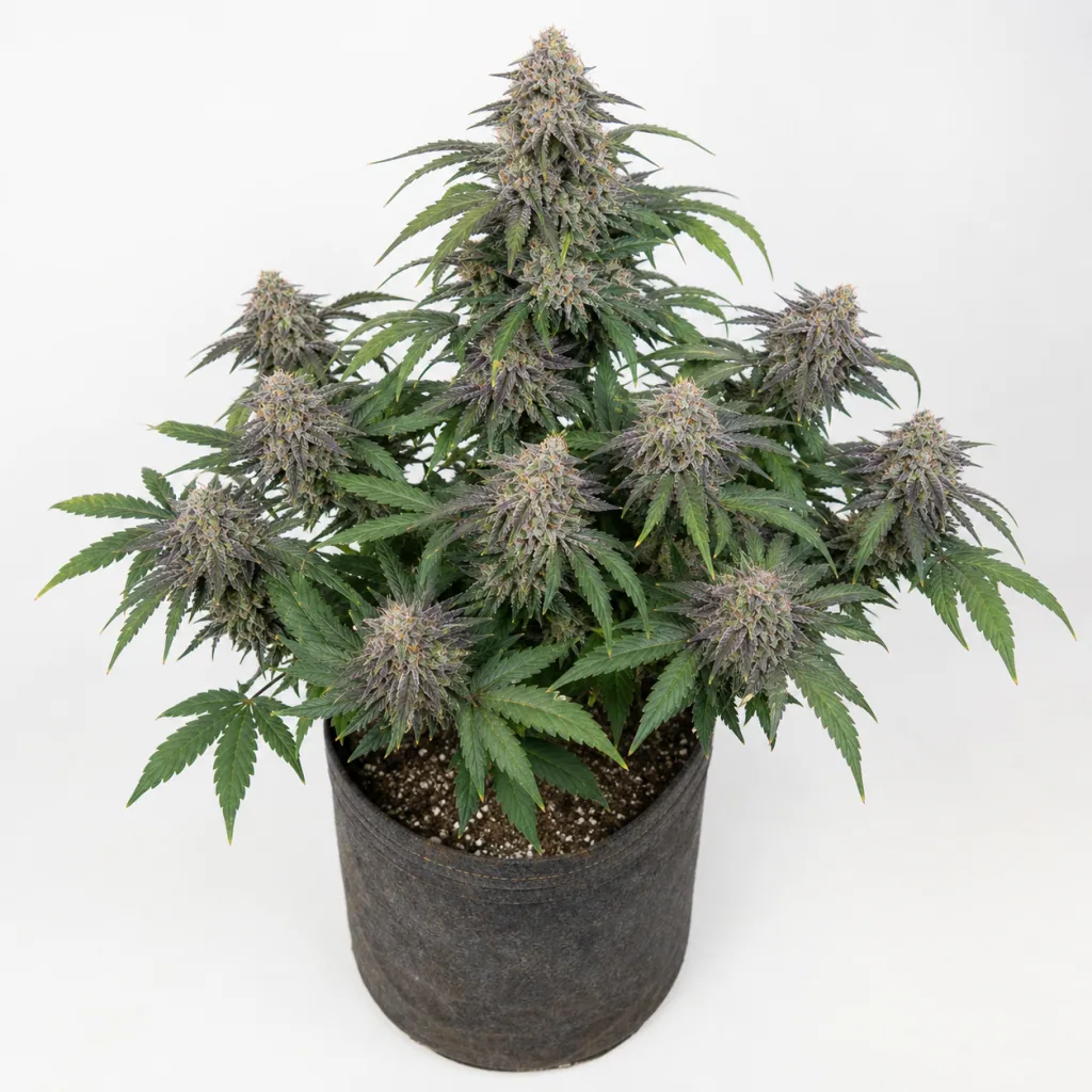 Planta de Kandy Kush en floración, con cogollos voluminosos y hojas verdes, en maceta textil oscura sobre fondo blanco.