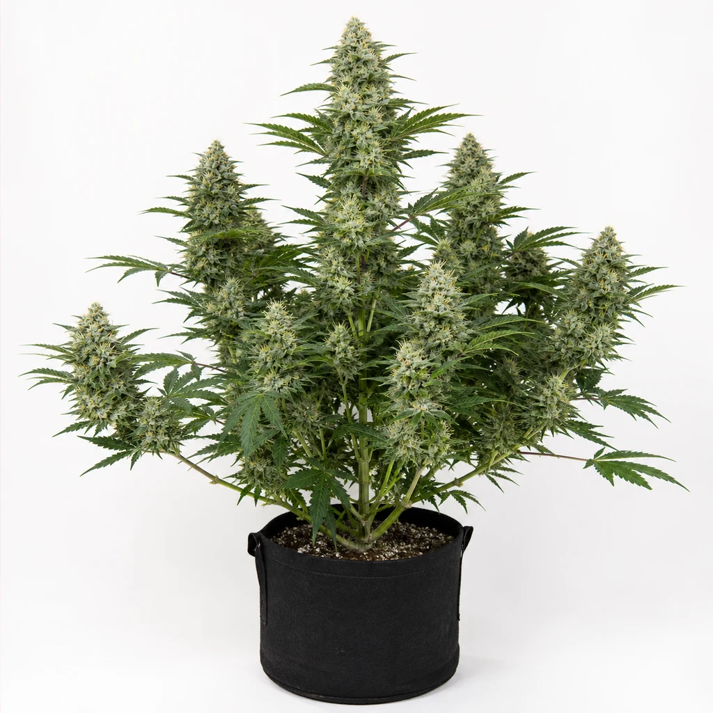 Ilustración de una planta de cannabis con grandes flores y ramas abiertas en maceta negra, para la ficha de Big Bull Feminizada.