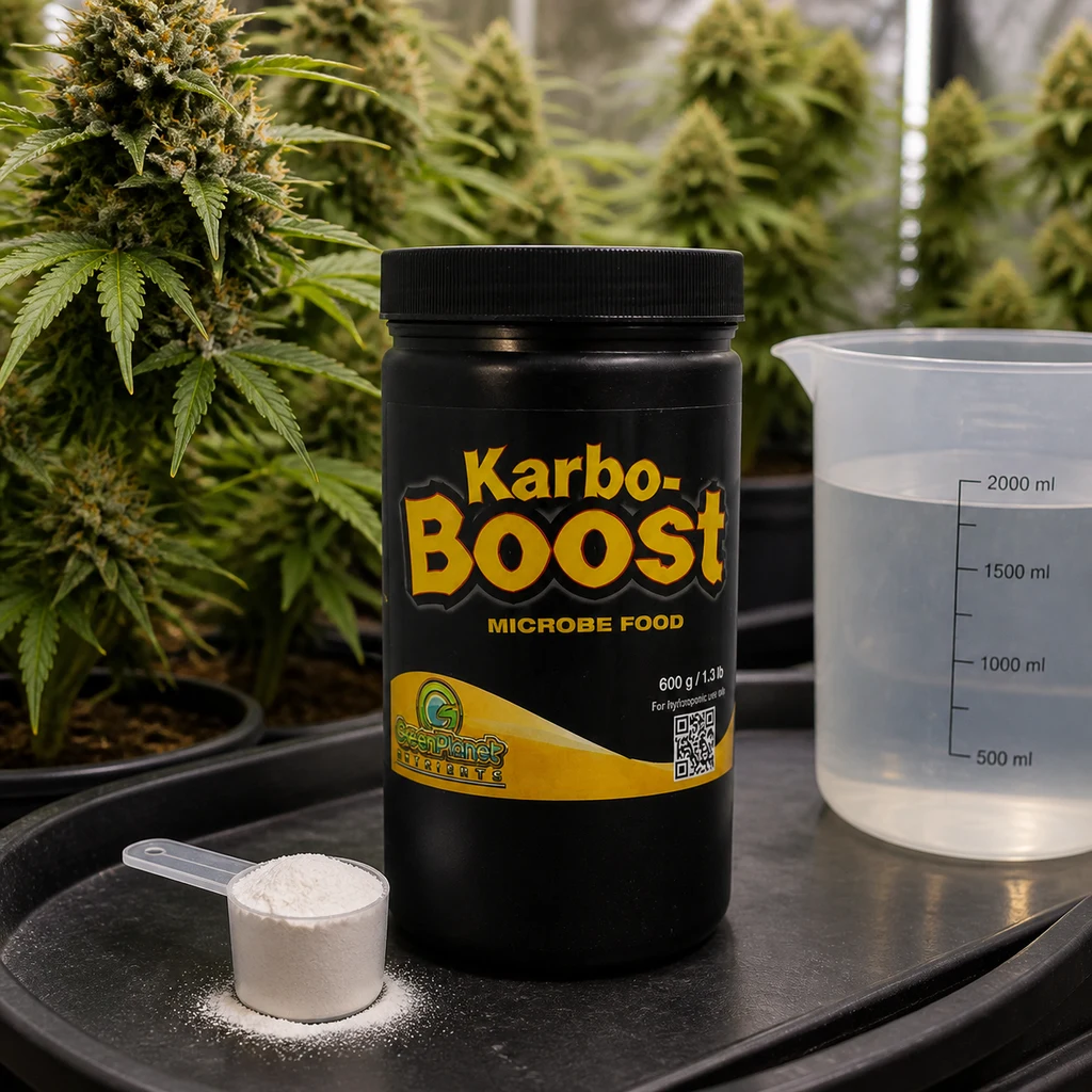 Bote negro de Karbo Boost Green Planet junto a una cuchara con polvo blanco y una jarra con líquido, con plantas al fondo. Bote negro de Karbo Boost Green Planet junto a una cuchara con polvo blanco y una jarra con líquido, con plantas al fondo.
