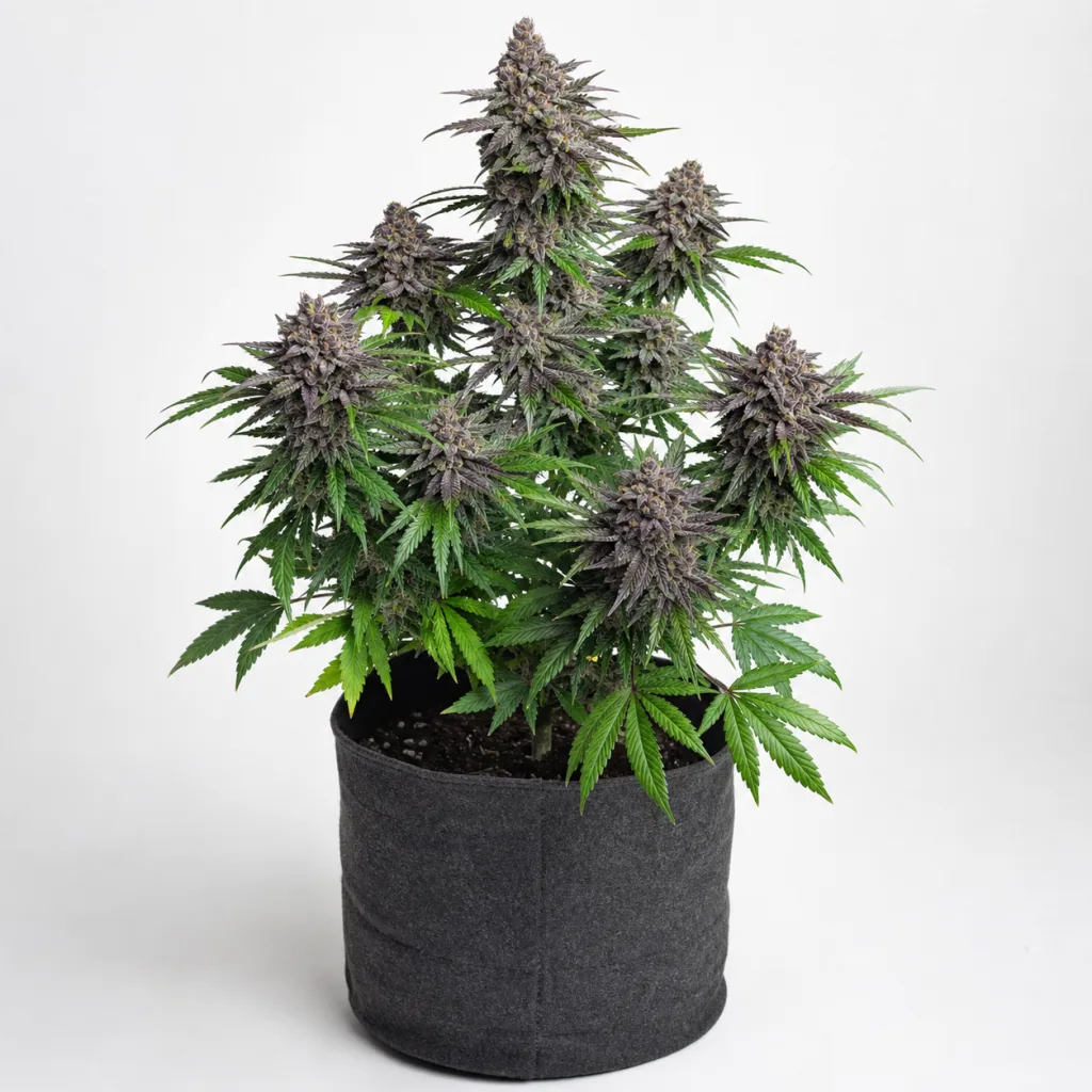 Planta de Karibbean Mango en floración, con cogollos de tonos morados y hojas verdes, en maceta textil sobre fondo blanco.
