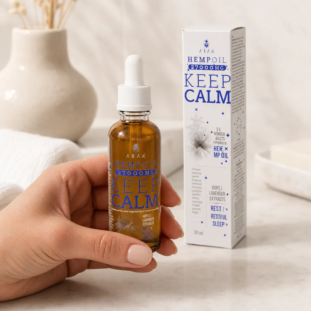Una mano sostiene un frasco ámbar con cuentagotas blanco de aceite de cáñamo ARAE Keep Calm, junto a su caja con texto azul. Una mano sostiene un frasco ámbar con cuentagotas blanco de aceite de cáñamo ARAE Keep Calm, junto a su caja con texto azul.