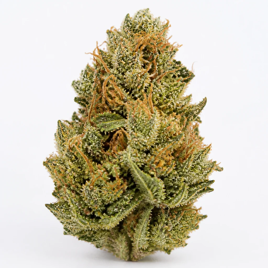 Ilustración de un cogollo verde con filamentos anaranjados y superficie blanquecina para la ficha de Kikiriki Regular de French Touch Seeds.