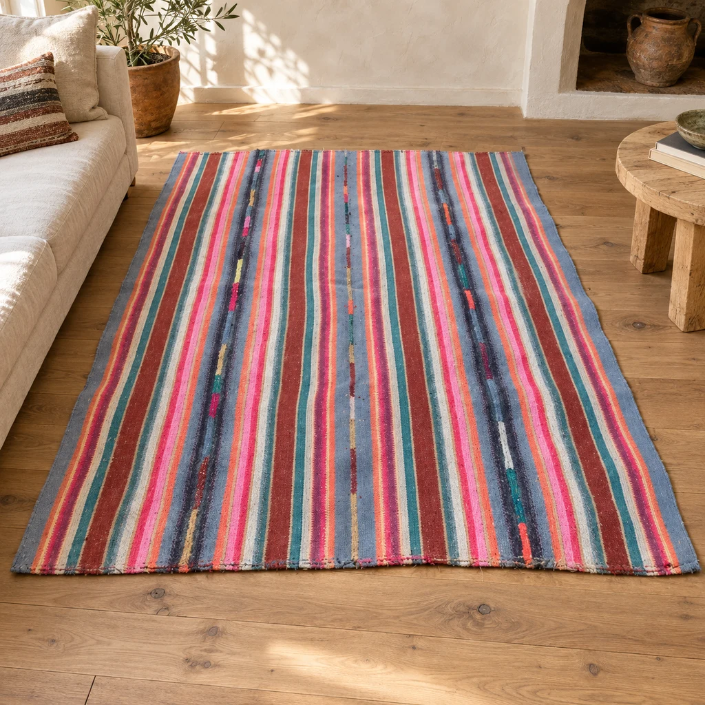 Alfombra Kilim de rayas multicolores sobre un suelo de madera, junto a un sofá claro y una mesa redonda. Alfombra Kilim de rayas multicolores sobre un suelo de madera, junto a un sofá claro y una mesa redonda.