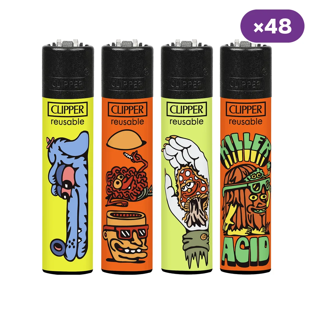 Selección de encendedores Clipper Killer Acid con cuerpos amarillos y naranjas, dibujos psicodélicos y distintivo de 48 unidades.