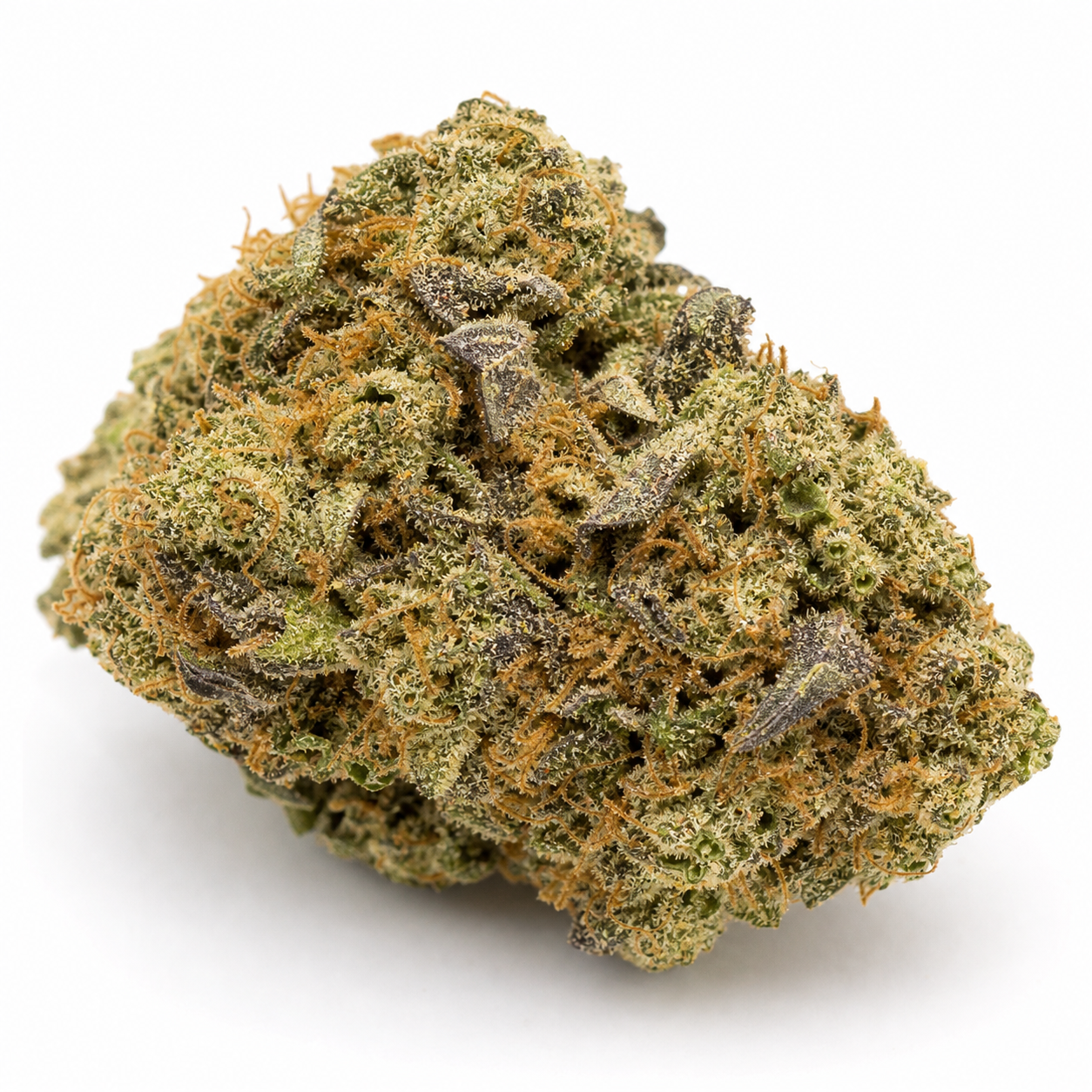 Cogollo de Killer Kush Auto de Sweet Seeds en primer plano, con tonos verdes y oscuros, filamentos anaranjados y abundantes tricomas.