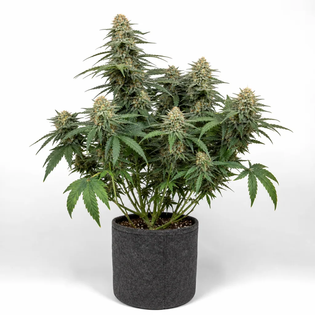 Planta de Killer Kush Auto en maceta gris, con ramas abiertas, hojas verdes y cogollos alargados sobre fondo blanco.