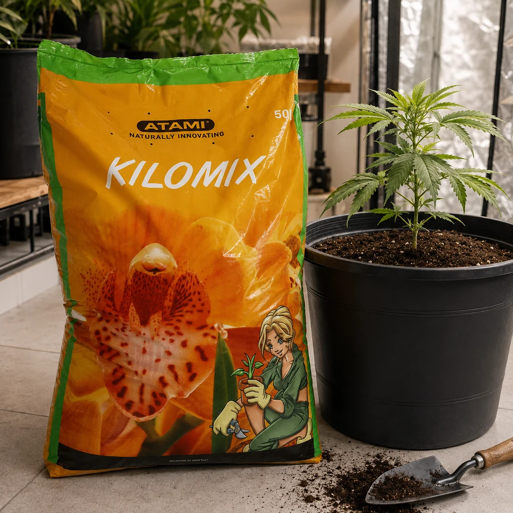 Saco amarillo y verde de Kilomix Atami junto a una planta en maceta negra, con una pala y sustrato esparcido en primer plano. Saco amarillo y verde de Kilomix Atami junto a una planta en maceta negra, con una pala y sustrato esparcido en primer plano.
