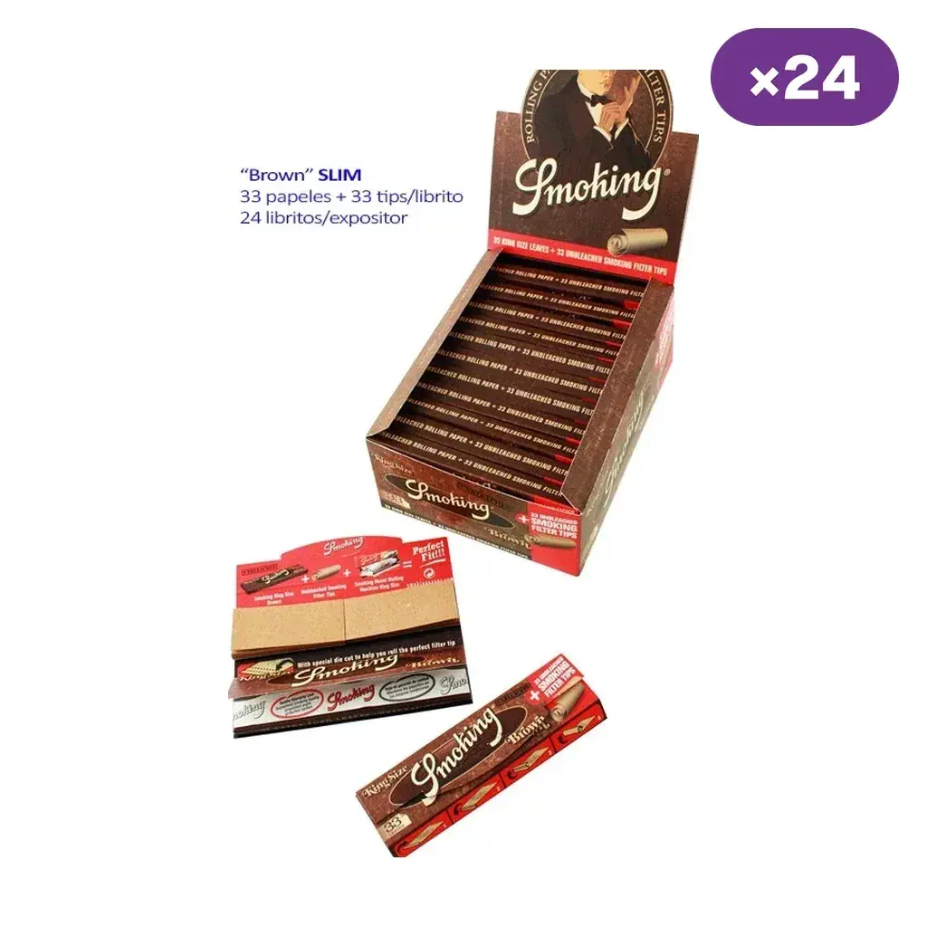 Expositor Smoking Brown Slim con varios libritos de papel y filtros, uno abierto delante; el texto indica 24 libritos por caja.