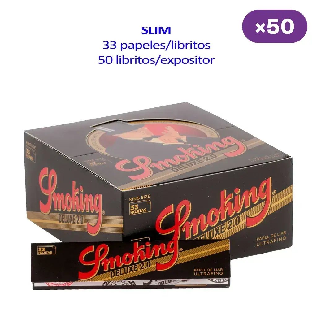 Caja expositora Smoking De Luxe 2.0 King Size con un librillo delante; el texto indica 50 librillos y 33 papeles por librillo.