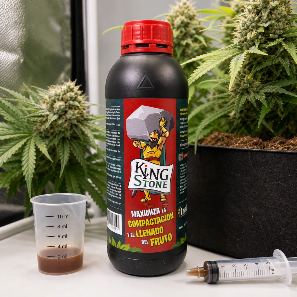 Botella King Stone de Trabe con tapón rojo junto a un vaso graduado con líquido marrón y una jeringa, entre plantas de cannabis.