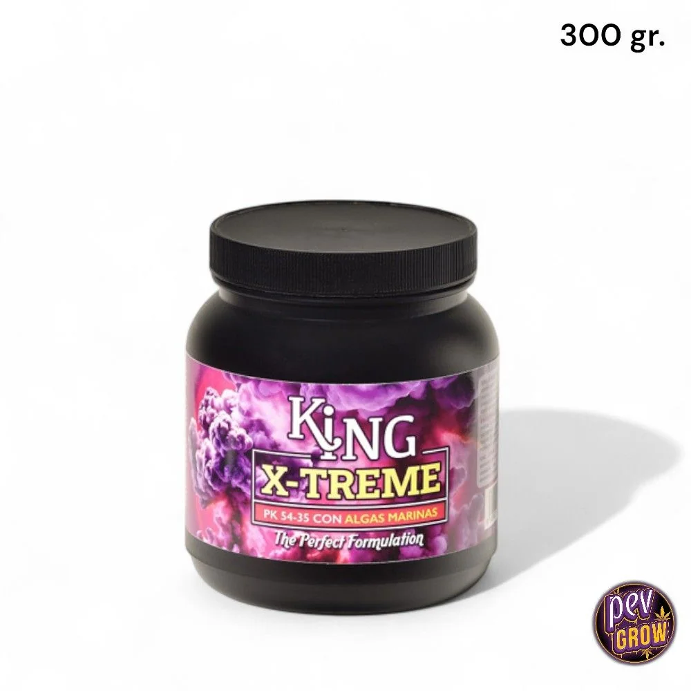 Bote negro de KING X-TREME Trabe con tapa de rosca, etiqueta violeta con texto PK 54-35 con algas marinas e indicación de 300 gr.