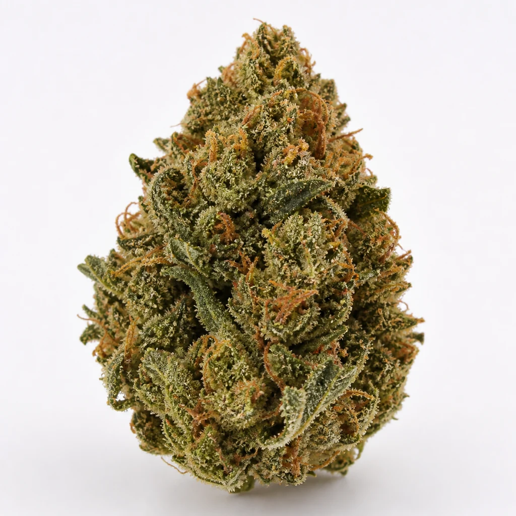Ilustración de un cogollo cónico verde con hojas pequeñas, filamentos anaranjados y puntos blanquecinos para la ficha de King’s Kush Auto.
