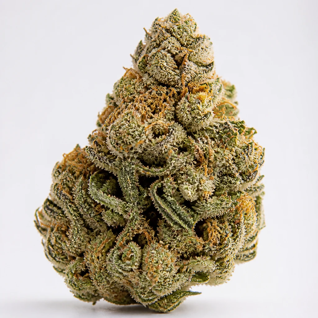 Ilustración de un cogollo para la ficha de King’s Kush Feminizada, con hojas verdes curvadas, filamentos anaranjados y superficie blanquecina.