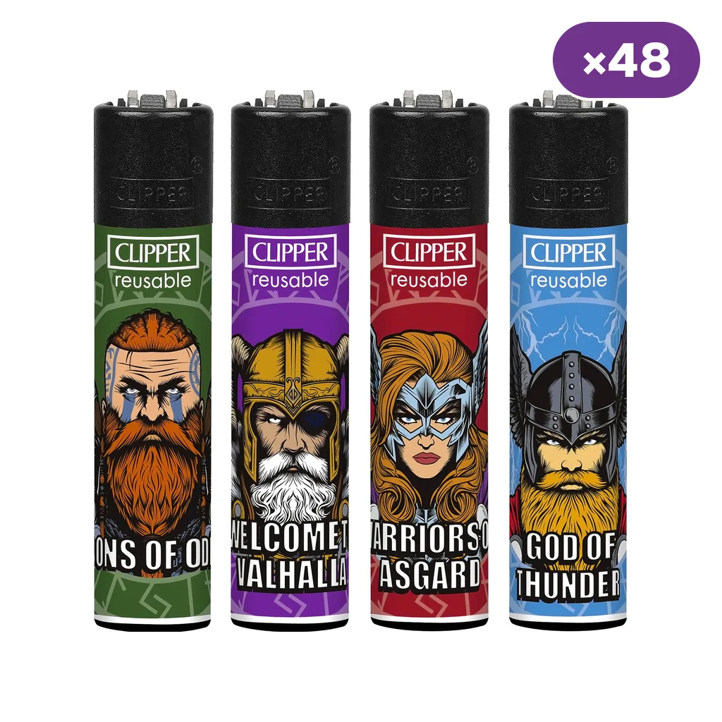 Cuatro diseños de encendedores Clipper Kings of Valhala con personajes vikingos sobre fondos verde, morado, rojo y azul.