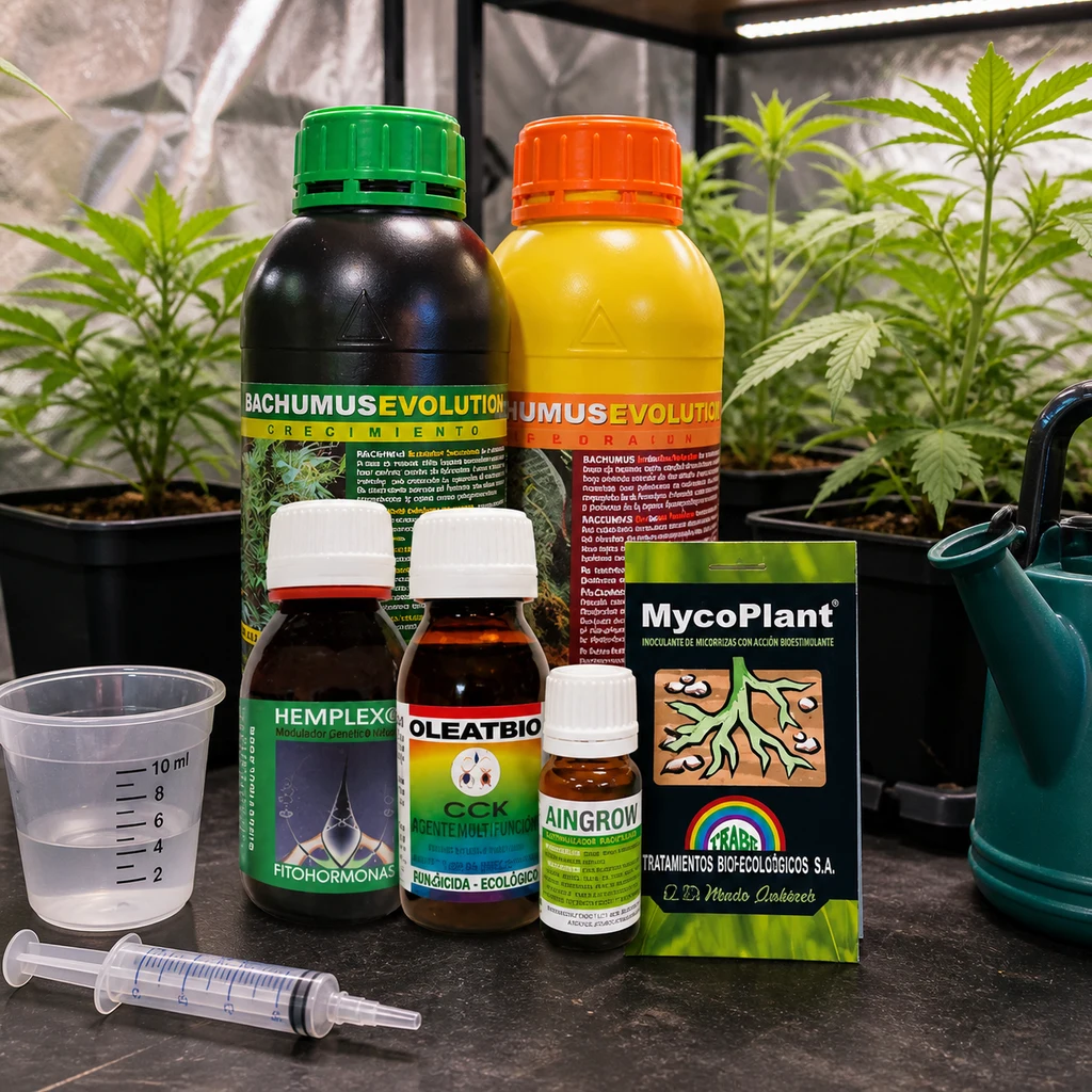 Kit de Protección Trabe Evolution junto a un vaso medidor, una jeringa y una regadera, con plantas al fondo.