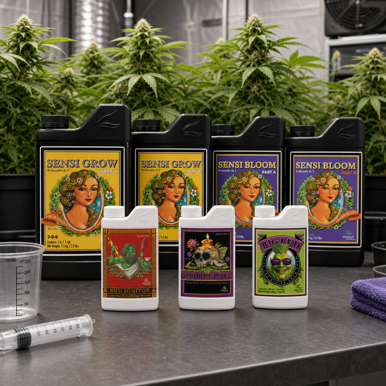 Botes Sensi Grow y Sensi Bloom de partes A y B, junto a Bud Ignitor, Voodoo Juice y Big Bud, sobre una mesa ante plantas de cannabis. Botes Sensi Grow y Sensi Bloom de partes A y B, junto a Bud Ignitor, Voodoo Juice y Big Bud, sobre una mesa ante plantas de cannabis.