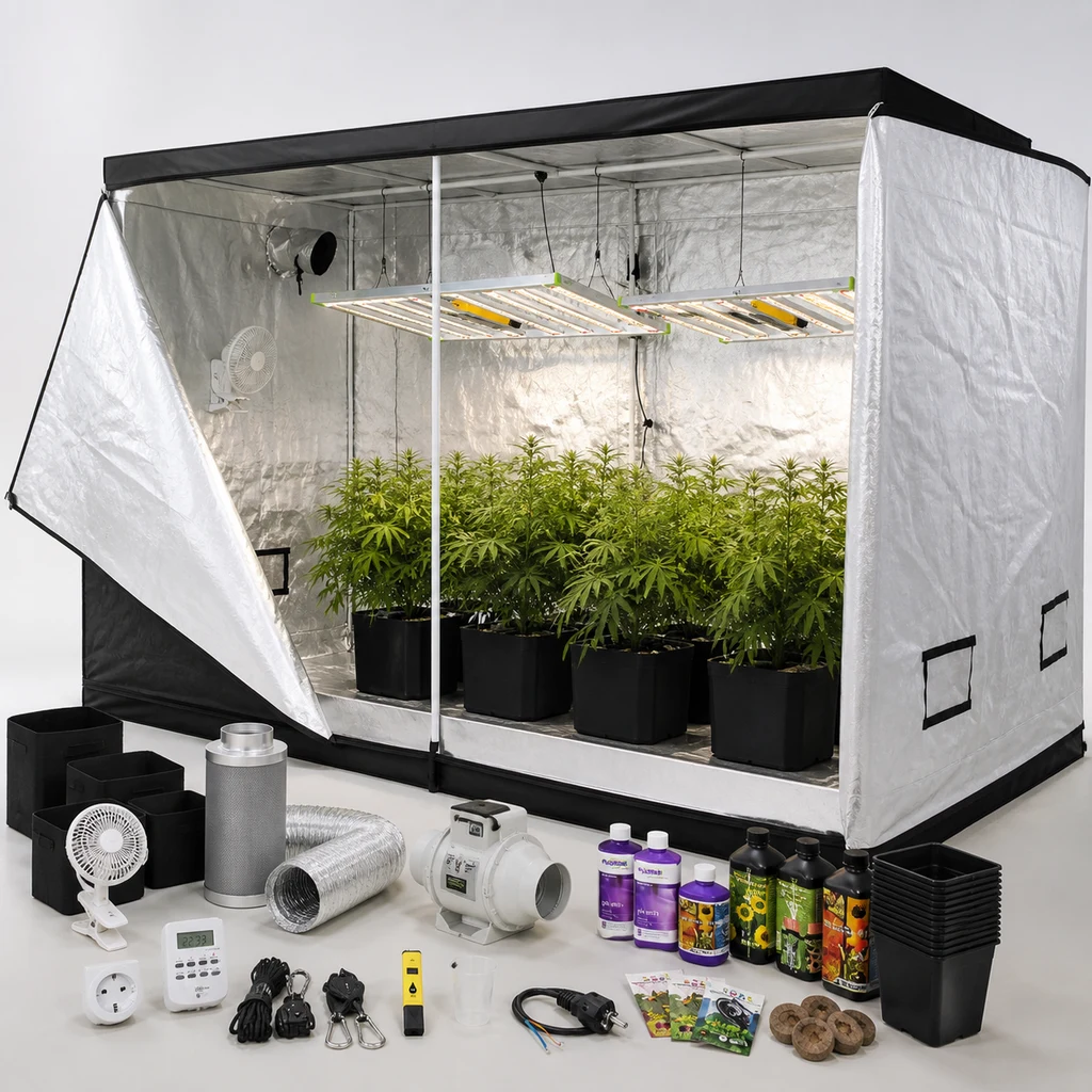 Escena generada de un armario de cultivo abierto con plantas y paneles LED, junto a macetas, ventiladores, conducto y botes de nutrientes.