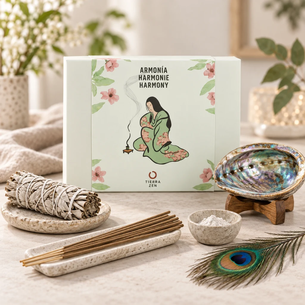Kit Armonía con caja floral, atado de salvia, varillas de incienso, recipientes claros, concha irisada sobre soporte y pluma de pavo real. Kit Armonía con caja floral, atado de salvia, varillas de incienso, recipientes claros, concha irisada sobre soporte y pluma de pavo real.
