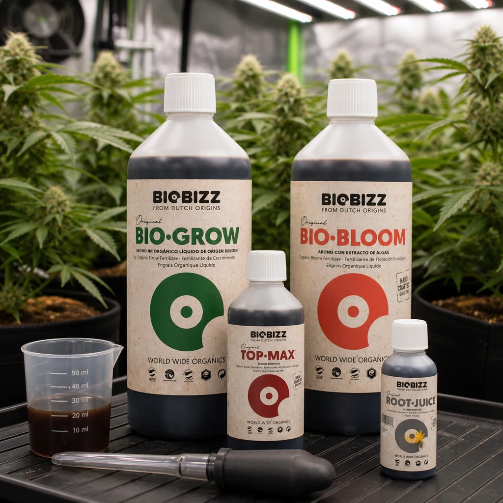Escena generada de fertilizantes Biobizz Bio-Grow, Bio-Bloom, Top-Max y Root-Juice con vaso medidor y pipeta ante plantas de cannabis. Escena generada de fertilizantes Biobizz Bio-Grow, Bio-Bloom, Top-Max y Root-Juice con vaso medidor y pipeta ante plantas de cannabis.