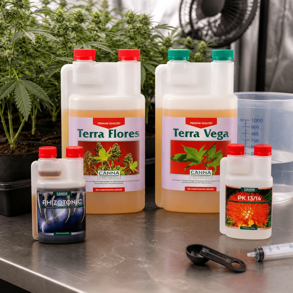 Botes Canna Terra Flores, Terra Vega, Rhizotonic y PK 13/14 sobre una mesa con utensilios de medición y plantas al fondo.